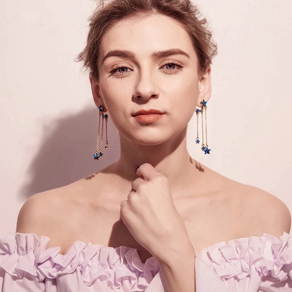 Blue stars drop gold earrings - Picture 5 of 8